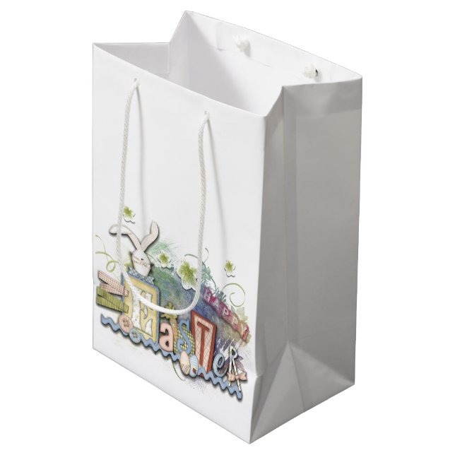 Sac Cadeau Moyen Romantique Joyeux lapin de Pâques Salutation migno (Devant Angle)
