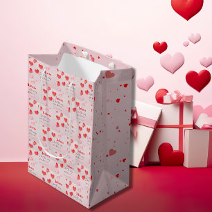 Sac Cadeau Moyen Romantique rose et coeur rouge Saint Valentin