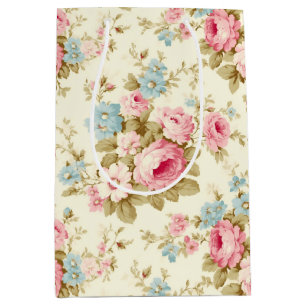 Sac Cadeau Moyen Romantique rose Rose anglais sur jaune pâle