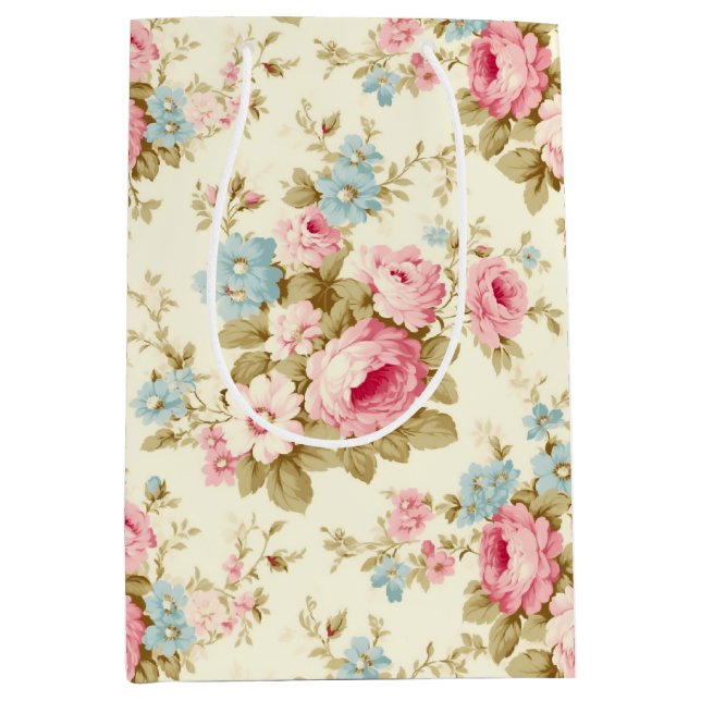 Sac Cadeau Moyen Romantique rose Rose anglais sur jaune pâle (Devant)