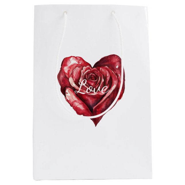 Sac Cadeau Moyen Romantique Rose rouge coeur floral (Devant)