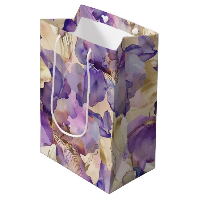 Sac Cadeau Moyen Romantique violet or Iris Mariage Floral (Devant Angle)