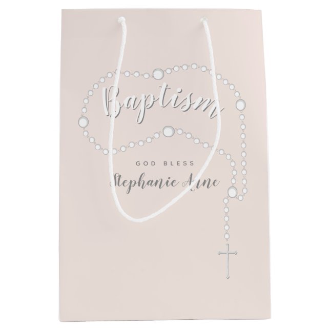 Sac Cadeau Moyen Rosaire du Baptême sur rose (Devant)
