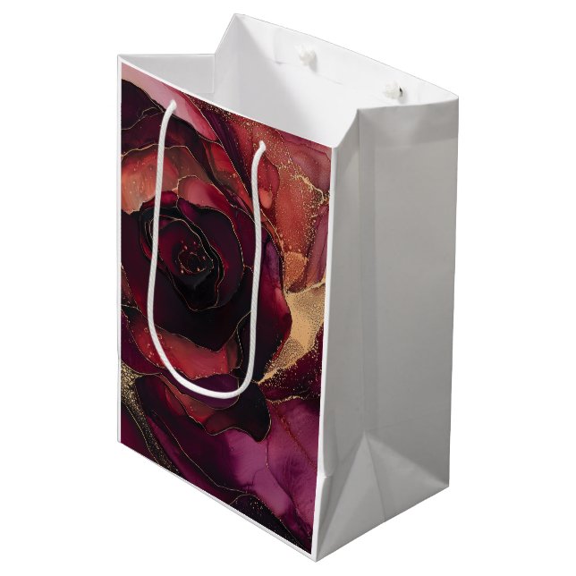 Sac Cadeau Moyen Rose Bourgogne Fleur doré (Devant Angle)