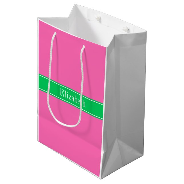 Sac Cadeau Moyen Rose chaud solide #2 Emerald Green Rbn Nom Monogra (Devant Angle)