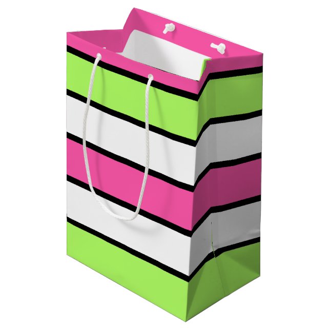Sac Cadeau Moyen Rose chaud, vert citron, noir et blanc rayures (Devant Angle)