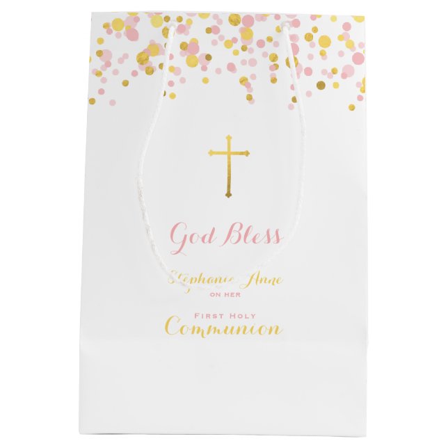 Sac Cadeau Moyen Rose de communion et confettis d'or (Dos)