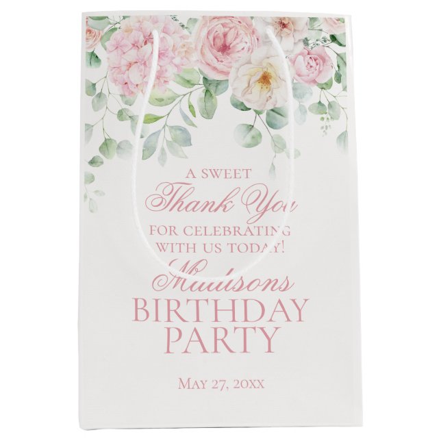 Sac Cadeau Moyen Rose Floral Hydrangea Botanique Anniversaire Favor (Devant)