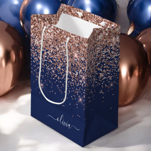 Sac Cadeau Moyen Rose Gold Bleu Marine Blush Rose Paillettes Monogr