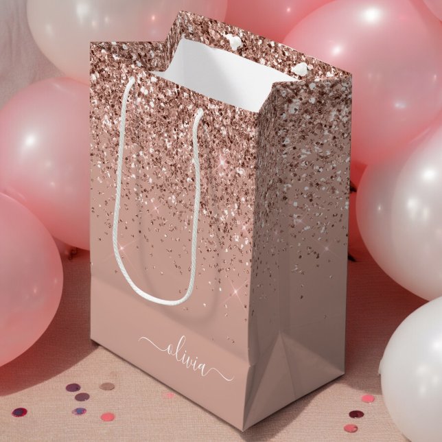 Sac Cadeau Moyen Rose Gold Blush Rose Pailleté Monogramme Féminin (Créateur téléchargé)
