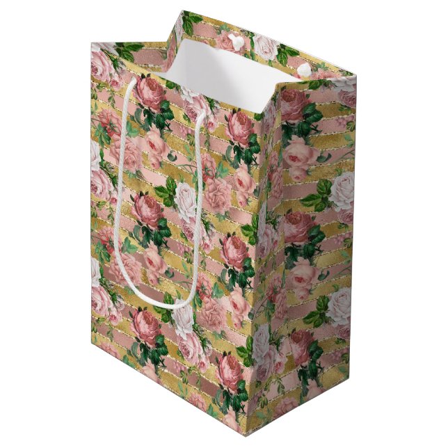 Sac Cadeau Moyen Rose Gold Glam Glitz Roses Flore rayures (Devant Angle)