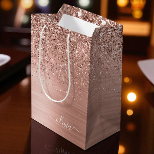 Sac Cadeau Moyen Rose Gold Métallisé Rose Paillettes Monogramme
