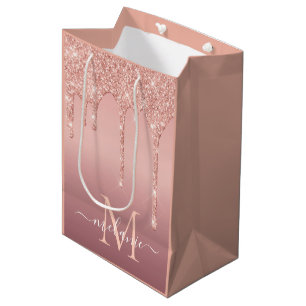 Sac Cadeau Moyen Rose Gold Parties scintillant personnalisée Lettre