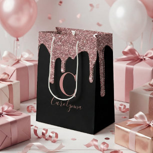 Sac Cadeau Moyen Rose noir  or étincelle Parties scintillant de gou