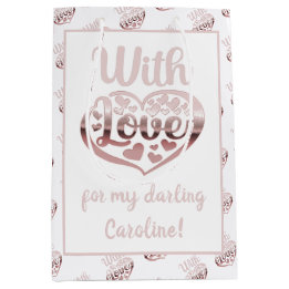 Sac Cadeau Moyen Rose or métal look Valentine coeur amour blanc
