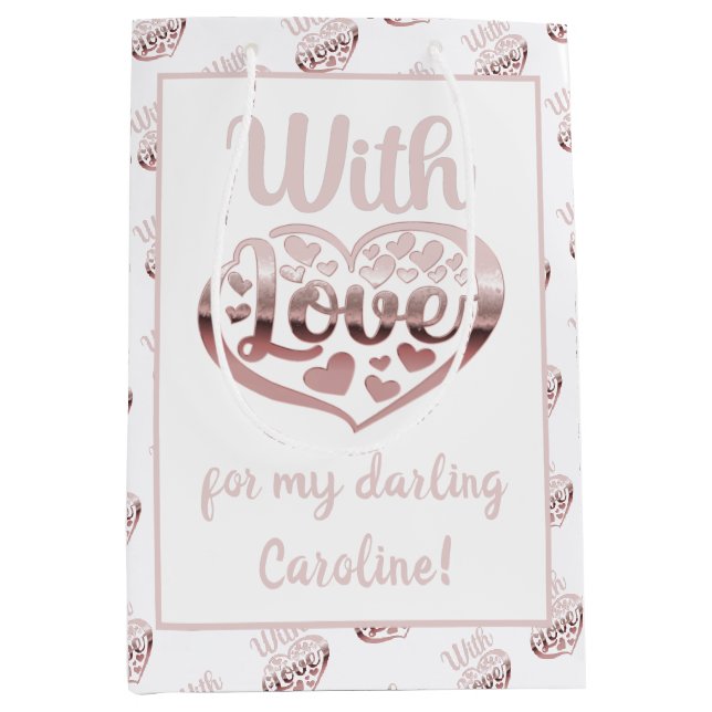 Sac Cadeau Moyen Rose or métal look Valentine coeur amour blanc (Devant)