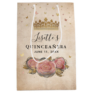 Sac Cadeau Moyen Rose Pâle Aquarelle Or Rose Quinceanera