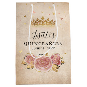 Sac Cadeau Moyen Rose Pâle Aquarelle Or Rose Quinceanera