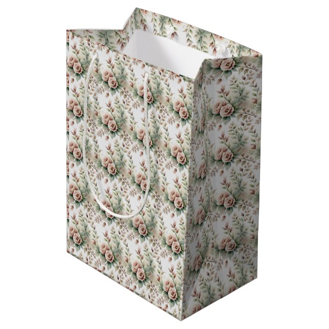 Sac Cadeau Moyen Rose Poussiéreuse Fleurs Vertes de Sauge Mariage B (Dos Angle)