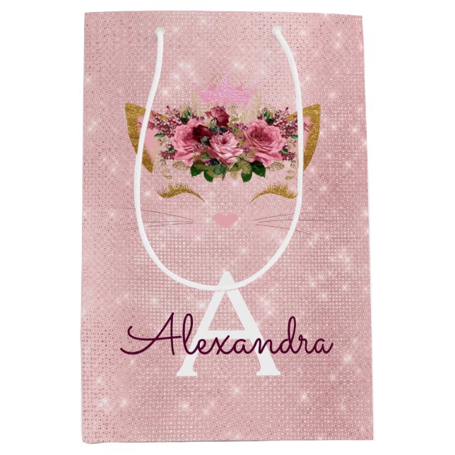 Sac Cadeau Moyen Rose Princess Kitten Rose Gold Blush Pink Parties  (Devant)