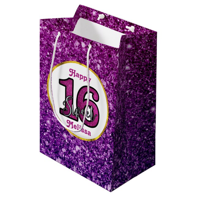 Sac Cadeau Moyen Rose & Purple Sweet 16 Parties scintillant étincel (Devant Angle)