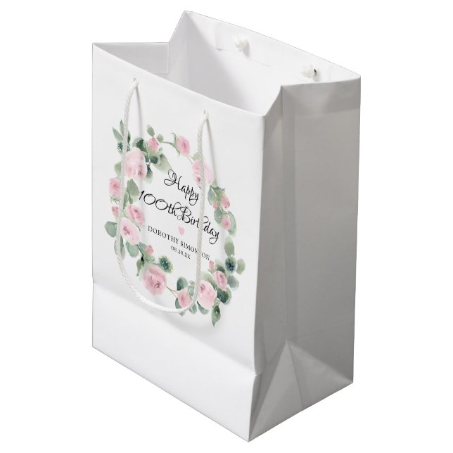 Sac Cadeau Moyen Rose rose florale Eucalyptus couronne 100e anniver (Devant Angle)