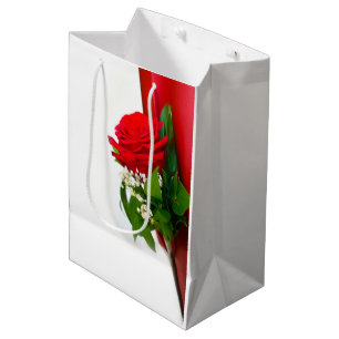 Sac Cadeau Moyen Rose Rouge Simple – Fond Blanc Floral