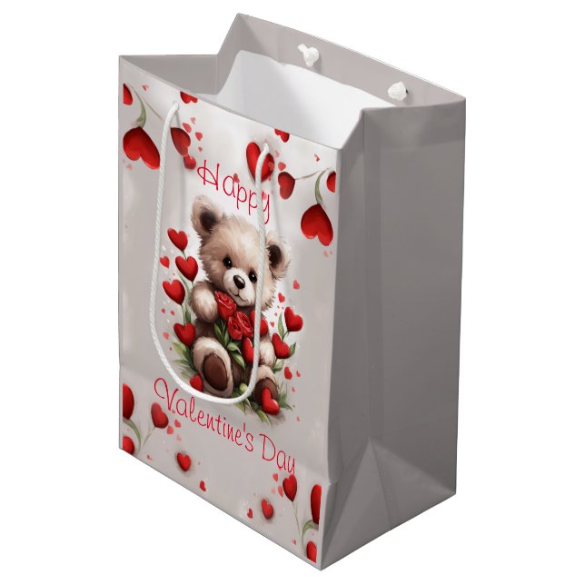 Sac Cadeau Moyen Roses & Coeurs mignonne ours en peluche Saint Vale (Devant Angle)