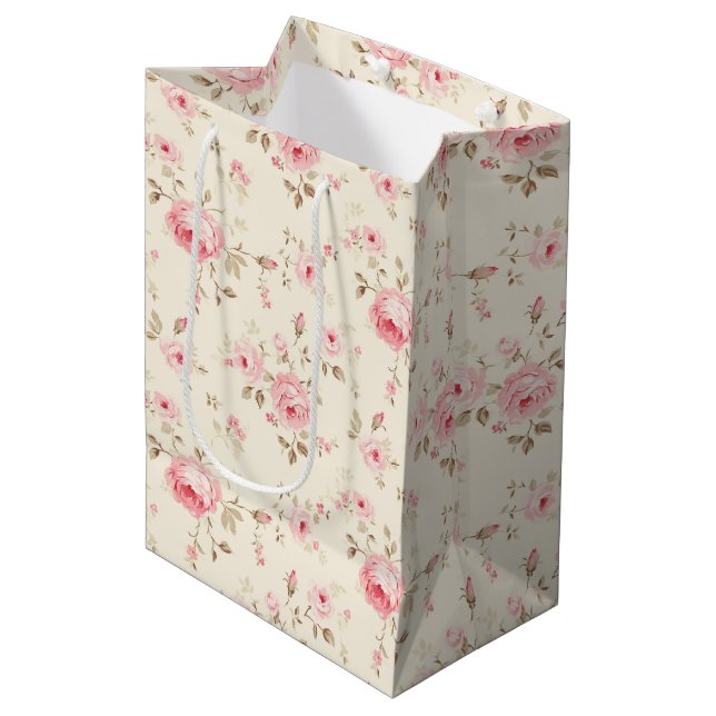 Sac Cadeau Moyen Roses peints en rose doux (Devant Angle)