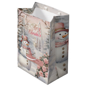 Sac Cadeau Moyen Roses roses vintages, Village de Noël de Snowman
