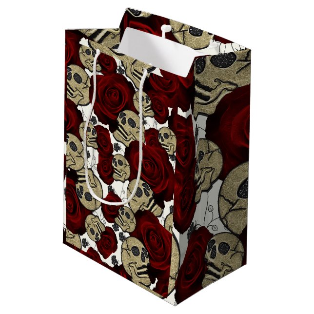 Sac Cadeau Moyen Roses Rouges & Crânes Floral Noir Gothique Blanc (Dos Angle)
