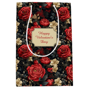 Sac Cadeau Moyen Roses rouges romantiques et Fleurs blanches de van