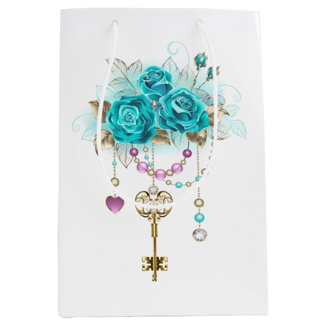 Sac Cadeau Moyen Roses turquoise avec touches (Devant)