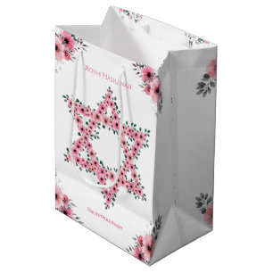 Sac Cadeau Moyen Rosh Hashanah Star de David Fleur rose blanc