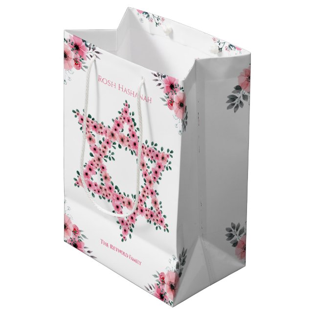 Sac Cadeau Moyen Rosh Hashanah Star de David Fleur rose blanc (Devant Angle)