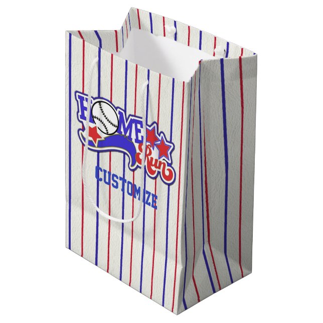 Sac Cadeau Moyen Rouge Blanc & Bleu Baseball à domicile rayé (Devant Angle)