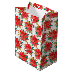 Sac Cadeau Moyen Rouge et or Noël Poinsettia Motif