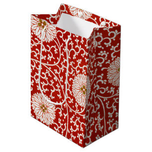 Sac Cadeau Moyen Rouge Floral Vibrant Ornate Classé Motif