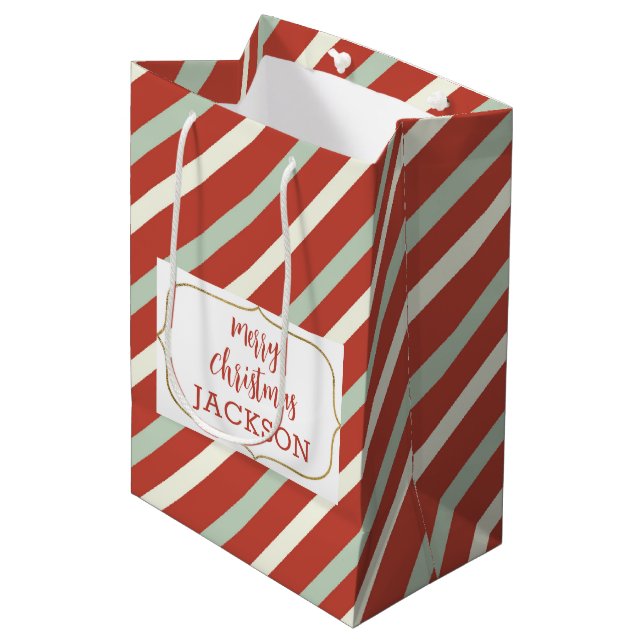 Sac Cadeau Moyen Rouge mignon, vert, blanc bonbon rayure Nom de Noë (Devant Angle)