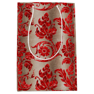 Sac Cadeau Moyen Rouge Or Faux Velvet Damask Élégant