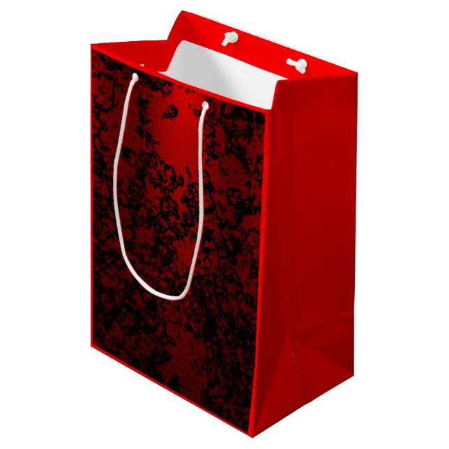 Sac Cadeau Moyen Rouge rubis sur floral noir élégant (Devant Angle)