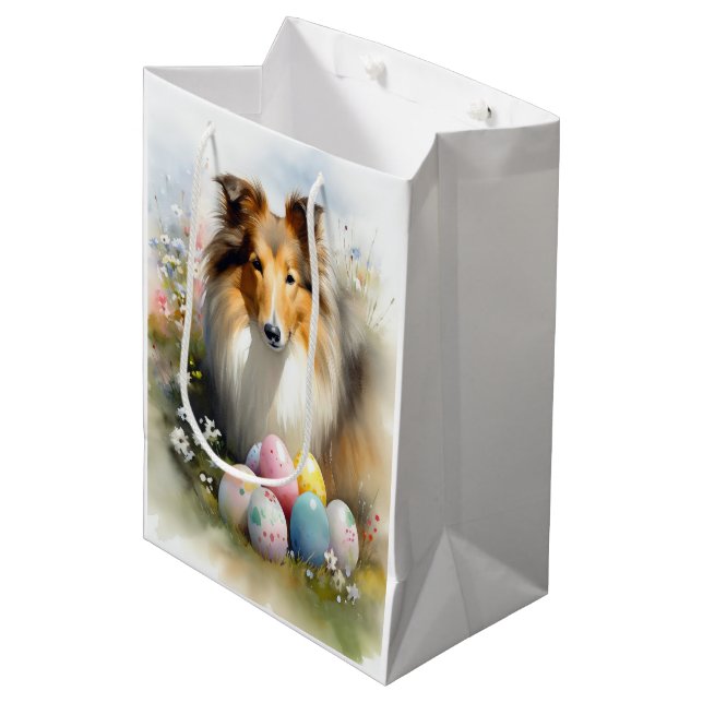 Sac Cadeau Moyen Rough Collie Chien avec Oeufs de Pâques Fête (Devant Angle)