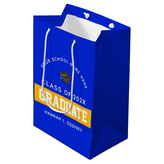 Sac Cadeau Moyen Royal Blue and Gold Graduats sur mesure (Devant Angle)