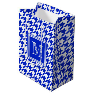 Sac Cadeau Moyen Royal Blue White Houndstooth   Monogramme moderne