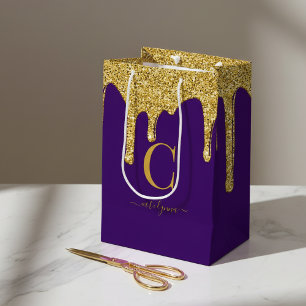 Sac Cadeau Moyen Royal Purple Gold Parties scintillant gouttes Mono