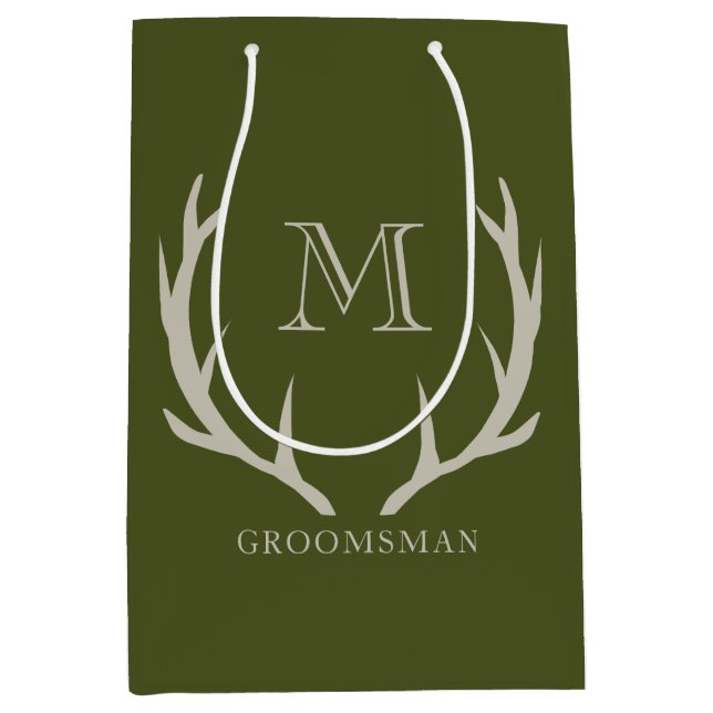 Sac Cadeau Moyen Rustic Army Green Antler Personnalisé Groomsmen Ca (Devant)