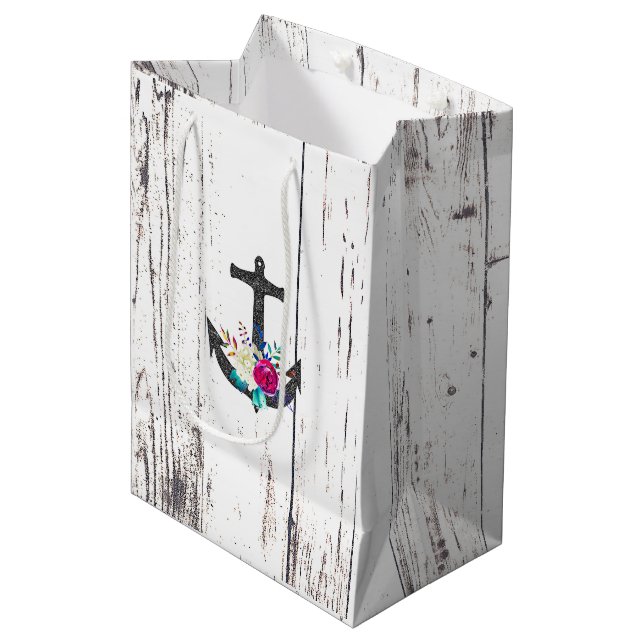 Sac Cadeau Moyen Rustic Beach Anchor & Bold Floral Summer Nautical (Devant Angle)