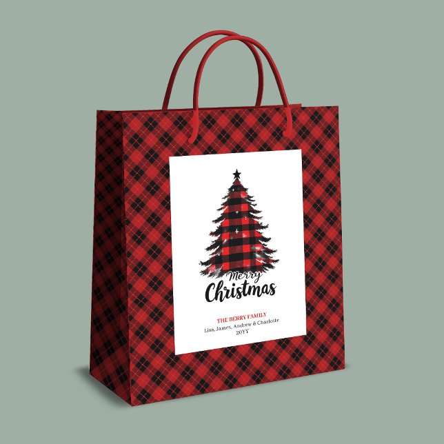 Sac Cadeau Moyen Rustic red black tartan Christmas gift bag custom (Rustic red black tartan Christmas gift bag custom)