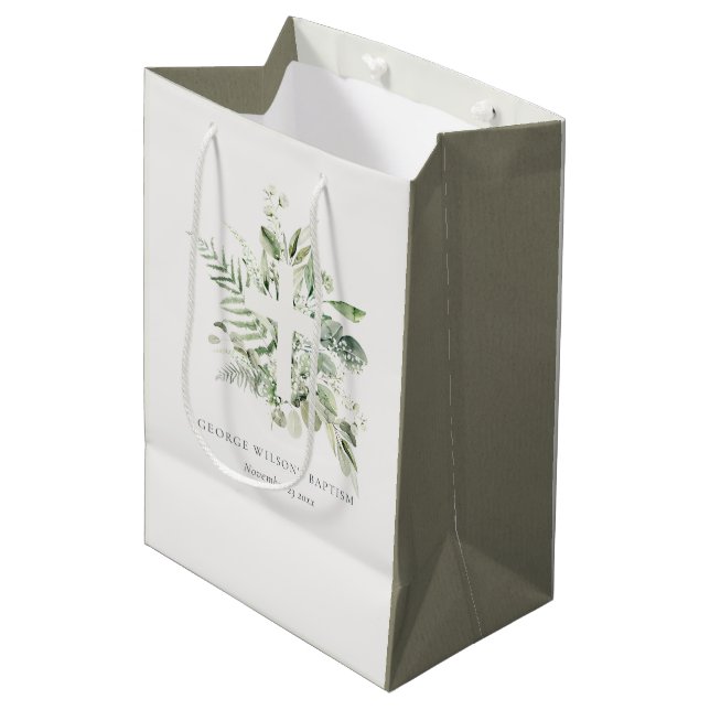 Sac Cadeau Moyen Rustique Green Eucalyptus Fern Foliage Croix Baptê (Devant Angle)