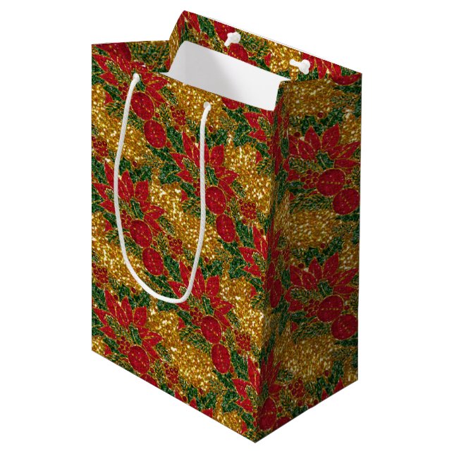 Sac Cadeau Moyen Sac-cadeau de Noël Poinsettia, Gold-M (Devant Angle)